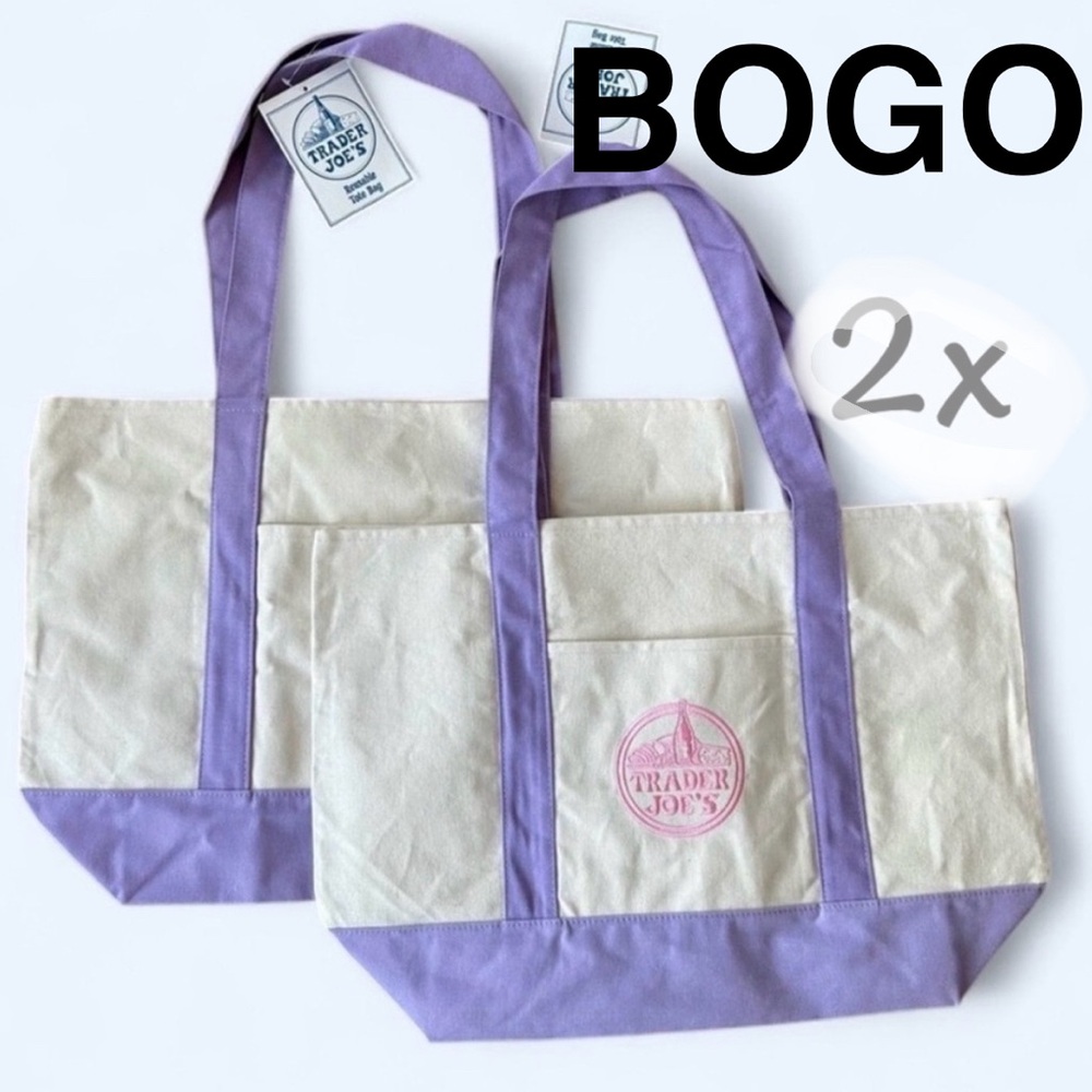 NWT Set of 2 Trader Joe's Large Lavender NEW Pastel Canvas Tote